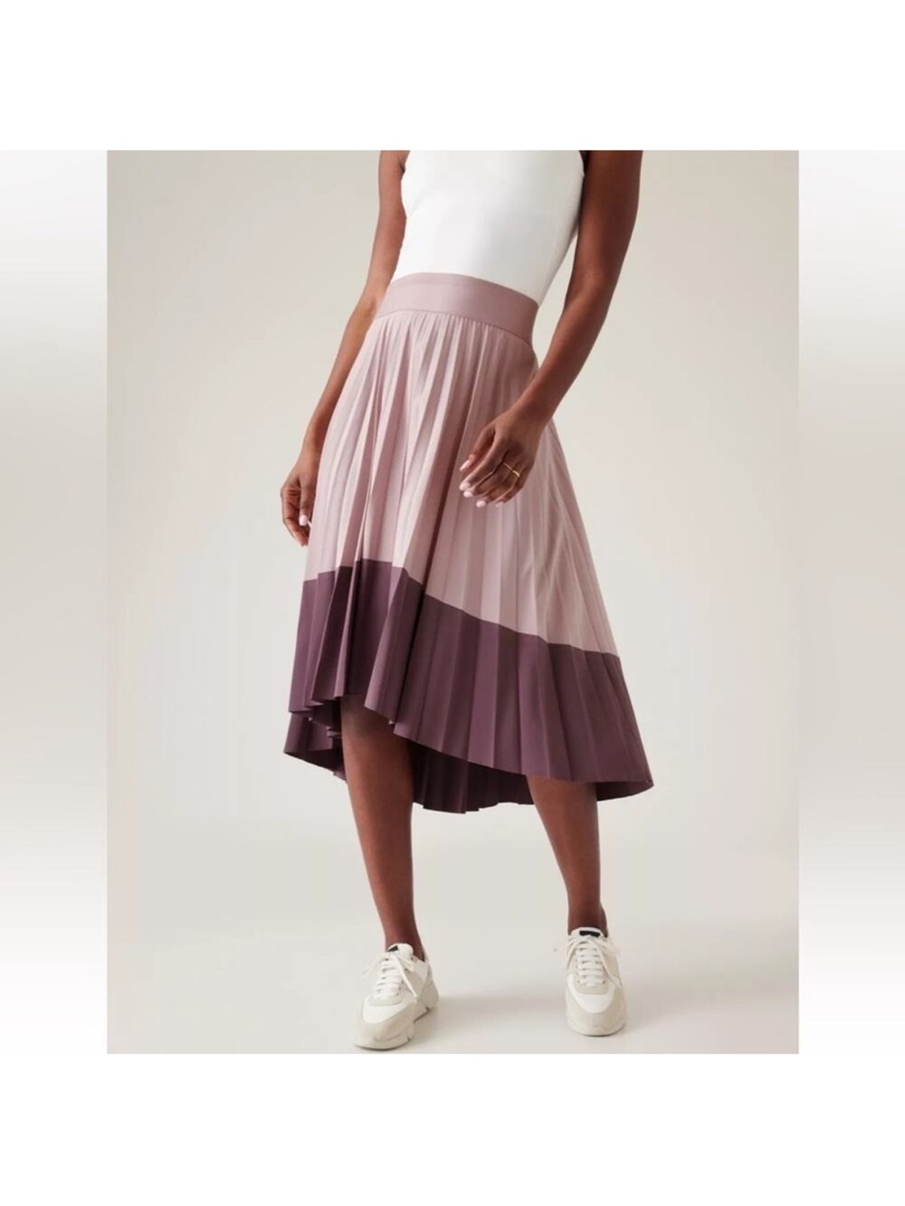 Athleta Two-Tone Pleated High-Low Skirt in Dusty Pink and Plum